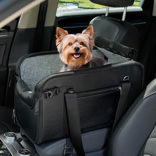WOYYHO Luxurious Console Dog Car Seat Designed for Small Dogs up to 18 lbs (Fits 9"+ Wide Consoles) — Anti-Wobble Elastic Straps, Waterproof PU Leather — Car Seat/Carrier/Pet Bed 3-in-1