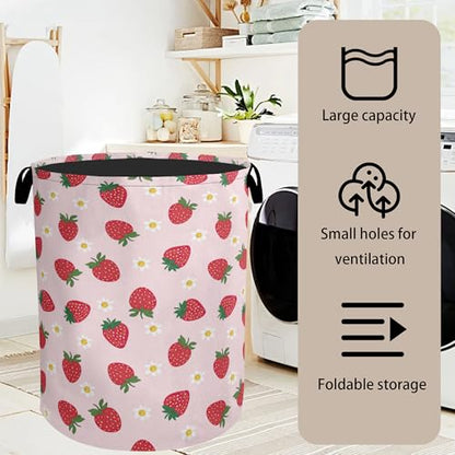 Cute Pink Strawberry Laundry Basket, Extra Large Foldable Hamper for Bathroom/Laundry/Bedroom/Dorm, Washable Fabric Storage Bin with Handle - color: Cute Pink Strawberry
