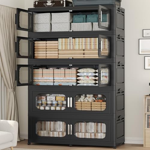 250Gal Exra Large Stackable Storage Bins with Lid, 1000QT Collapsible Storage Box with 6x Wheels, Folding Plastic Cabinet Container with Door Drawer for Home Kitchen Office Dorm, 5Pack Black - color: Black, size: 250Gal-5Pack