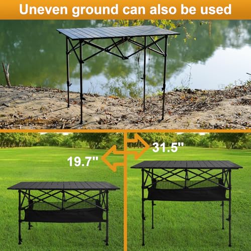 Folding Camping Table, Outdoor Roll-up Table Height Adjustable & Portable Metal Camp Grill Table for Picnic, BBQ, Party, Backyard, Beach, Mesh Storage and Carry Bag (Ash Black, 37.4'' Large) - size: 37.4'' Large