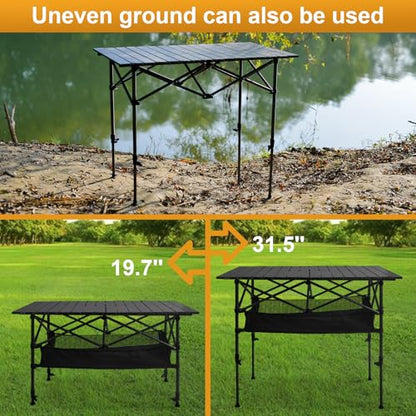 Folding Camping Table, Outdoor Roll-up Table Height Adjustable & Portable Metal Camp Grill Table for Picnic, BBQ, Party, Backyard, Beach, Mesh Storage and Carry Bag (Ash Black, 47.24'' X-Large) - size: 47.24'' X-Large
