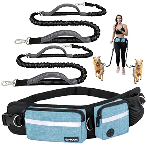 PetAmi Hands Free Dog Leash, Dog Running Leash Belt Bag for Walking, Jogging, Dog Waist Double Zipper Pouch with Poop Bag Dispenser, Dual Padded Handles Reflective Bungee Leash, Double (Turquoise) - color: Turquoise, size: 2 Leashes
