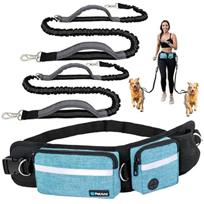 PetAmi Hands Free Dog Leash, Dog Running Leash Belt Bag for Walking, Jogging, Dog Waist Double Zipper Pouch with Poop Bag Dispenser, Dual Padded Handles Reflective Bungee Leash, Double (Turquoise) - color: Turquoise, size: 2 Leashes
