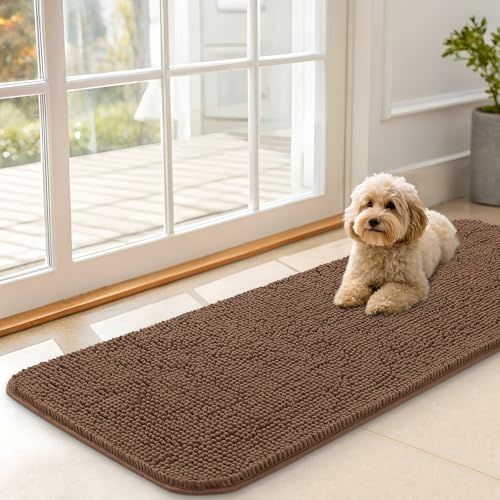 OLANLY Dog Door Mat for Muddy Paws 47x17, Absorbs Moisture and Dirt, Absorbent Non-Slip Washable Doormat, Quick Dry Chenille Mud Mat for Dogs, Entry Indoor Entryway Carpet for Inside Floor, Mocha - color: Mocha, size: 47" X 17"