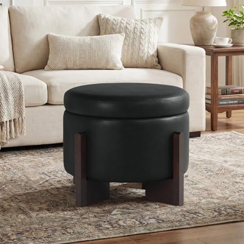 Faux Leather Round Ottoman, 22 Inch Storage Ottoman,PU Leather Ottoman,Multi-Functional Footrest for Living Room & Bedroom,Apartments (Black, Round) - color: Black