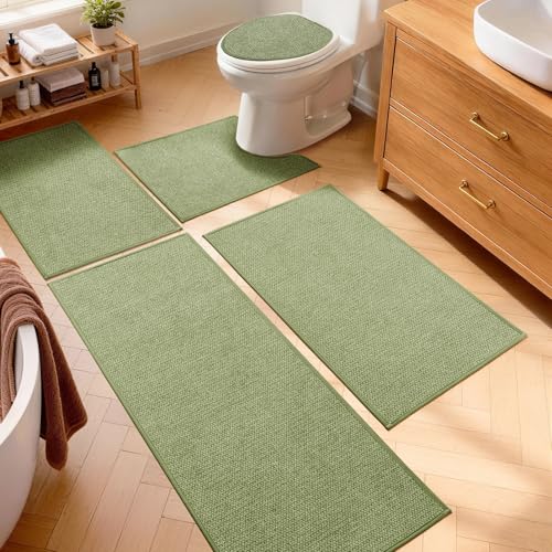 YIHOUSE Green Bathroom Rugs Sets 5 Piece, Quick Dry Thin Bath Mat with Toilet Rug, Non Slip Absorbent Machine Washable, Bath Runner Rugs for Bathtub Sink Home Decor - color: Green, size: 5 pieces