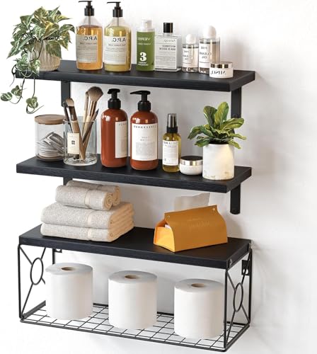 Amada Bathroom Shelves Over Toilet with Storage Basket, Floating Wall Shelf for Home Organization & Wall Decor, Bathroom/Kitchen/Living Room Shelves–Black - color: Black