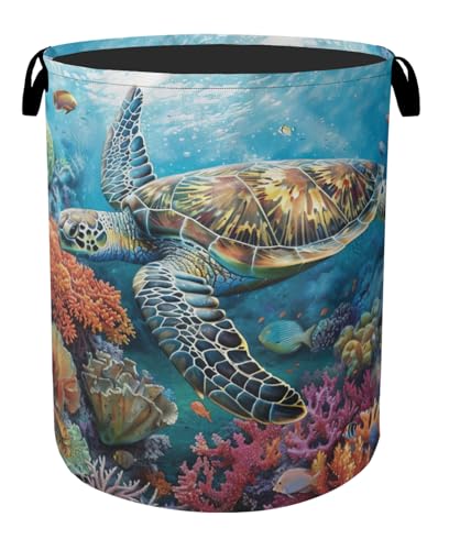 Sea Turtle Foldable Canvas Laundry Basket with Handles - Storage Organizer, Heavy Duty for Home，Bedroom, Dorm, Bathroom - color: Sea Turtle