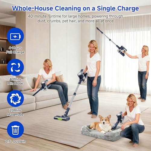 Cordless Vacuum Cleaner for Home: Powerful Suction Stick Vacuum, Anti-Tangle Brush, Portable 6-in-1 Rechargeable Vacuum,Ideal for Low-Pile Carpet & Hard Floors
