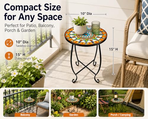 Mosaic Outdoor Side Table Round, 15 Inch Height - Small Patio Table, Foldable Sun Pattern Metal Plant Stand for Garden, Balcony, Porch & Camping - color: Sunburst