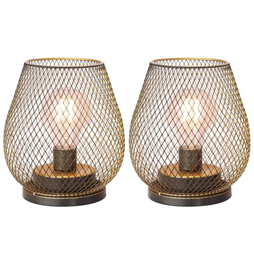 NEEDOMO Set of 2 Battery Operated Lamp Outdoor Table Lantern, LED Metal Cage with Timer Mode, Vintage Decorative Lights Cordless Lamp Indoor Outdoor Patio Bedroom Living Room (Golden) - style: Golden