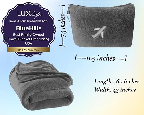BlueHills Premium 2 Pack Travel Blanket Pillow in Mini Soft Case Plush Airplane Blanket in Bag Compact Luggage Belt Plane Pillows Gifts Long Flight Blankets Essentials Gray M21 - color: Gray-2pk-m21