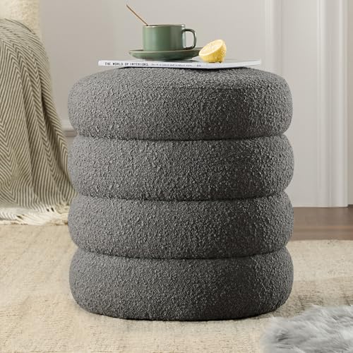 Krcix Round Ottoman with Storage Boucle Ottoman Stool with Storage Removable Lid for Living Room Modern Vanity Sorage Stool Foot Rest Bedroom Dorm Gift Set of 1 (Grey) - color: Grey, size: set of 1