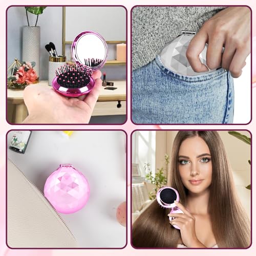 Shinning Diamond Design Folding Hair Brush Travel Hairbrush with Mirror,Pocket Foldable Comb Compact Brush for Purse for Girls and Women (Light Pink) - color: Diamond Light Pink