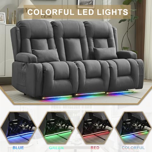 URRED Power Loveseat Recliner Sofa with Massage and Heat, Wall Hugger Reclining Loveseat with Console, RV Couch Home Theater Seating with LED Lights for Living Room (Gray, 76.8" - 3 Seats) - color: Grey, size: 76.8" - 3 Seats