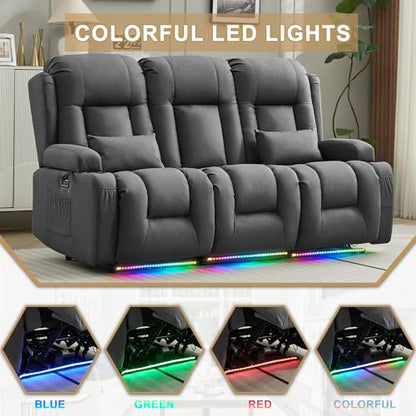 URRED Power Loveseat Recliner Sofa with Massage and Heat, Wall Hugger Reclining Loveseat with Console, RV Couch Home Theater Seating with LED Lights for Living Room (Gray, 76.8" - 3 Seats) - color: Grey, size: 76.8" - 3 Seats