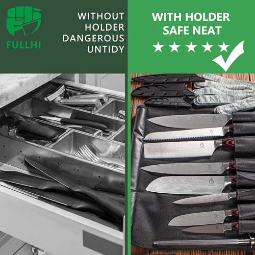FULLHI 15pcs Japanese Knife Set with Magnetic Knife Block Holder, Japan Stainless Steel Blades, Ergonomic Handles for Professional and Home Cooking（Coffee wood, Magnetic Block Knife Set) - color: Coffee wood, size: Magnetic Block Knife set