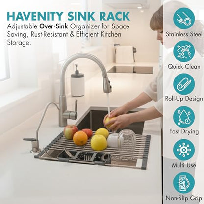 Havenity™ Expandable Roll Up Dish Drying Rack for Small Sinks - Expandable 12.8 to 22.8 Inch Over Sink Rack, Fits Apartments, RVs and Office Kitchens, Stainless Steel, 2 Baskets - size: Dish Drying Rack