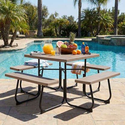 Tangkula 8 Person Picnic Table, Outdoor Square Picnic Table with 4 Built-in Benches, Umbrella Hole, Metal Frame & HDPE Tabletop, Outside Table and Bench Set for Backyard, 2300lbs Weight Capacity - color: Coffee