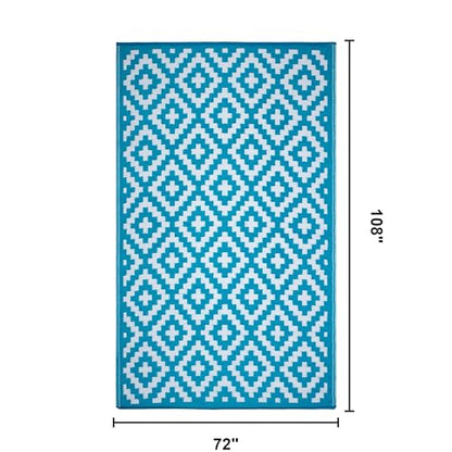FH Home Outdoor Rug - Waterproof, Fade Resistant, Reversible - Premium Recycled Plastic - Geometric - Large Patio, Deck, Sunroom, Camping, RV - Aztec - Teal & White Crease Free - 6 x 9 ft - color: Aztec - Teal & White, size: 6' x 9' (Rectangular)