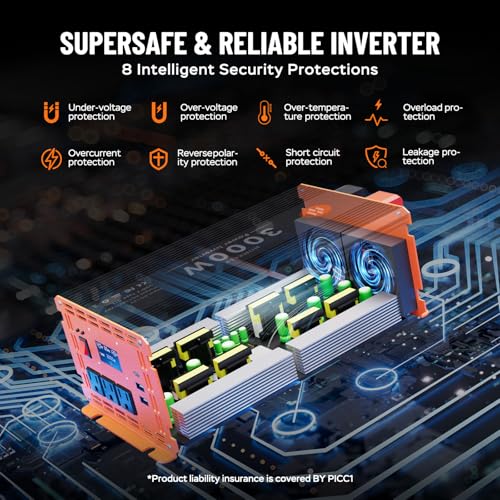 3000 Watt Power Inverter 12V DC to 110V/120V AC Converter Peak Power 6000W Car Inverter with LCD Display 3 AC Outlets, 2 USB & Type-C Port for RV,Truck,Off-Grid Solar System with Remote Controller