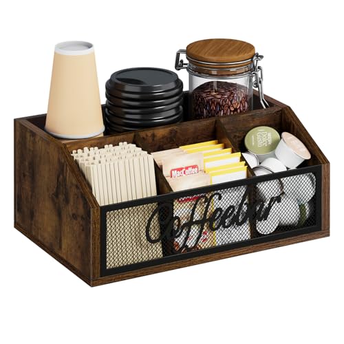 YINMIT Coffee Station Organizer for Countertop, Wood Coffee Bar Organizer with Removable Dividers for Pods, Syrup, Cups, Stirrer, Tea - Office Coffee Bar Accessories, Iron Mesh-Vintage Brown - color: Iron Mesh-Brown, size: 1 Tier