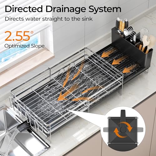 Delamu Stainless Steel Dish Drying Rack, Expandable Dish Drainer, Anti-Rust Large Dish Racks for Kitchen Counter, Dish Strainers with Drainboard, Utensil & Cup Holder, 13.4"-28.7" L x 11.8" W, Silver - color: Silver