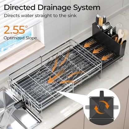 Delamu Stainless Steel Dish Drying Rack, Expandable Dish Drainer, Anti-Rust Large Dish Racks for Kitchen Counter, Dish Strainers with Drainboard, Utensil & Cup Holder, 13.4"-28.7" L x 11.8" W, Silver - color: Silver