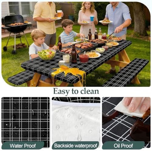 Play Tailor Picnic Table Cover with Bench Covers Camping Essentials Waterproof Windproof Camping Tablecloth with Drawstring Bag, Fitted Rectangle Tables and Seats, 96in, Black Checkered - color: Black Checkered, size: 96in