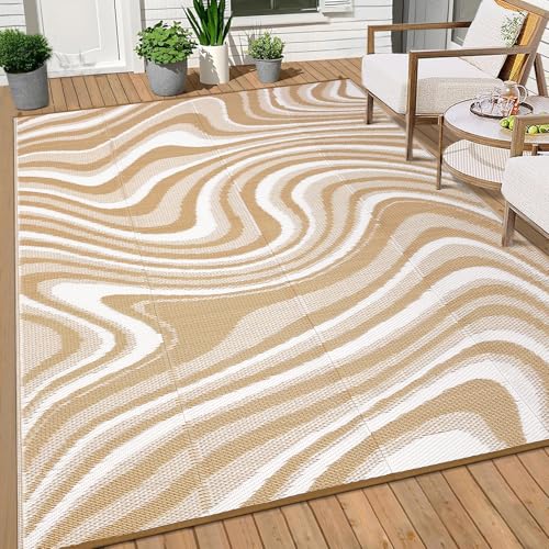 IDEALHOUSE Outdoor Rug PP Woven Mat Waterproof Reversible Portable Carpet for Patio RV Backyard Beach Balcony 10x14ft Beige/Light Brown/White - color: Beige/Light Brown/White, size: 10' x 14' (Rectangular)
