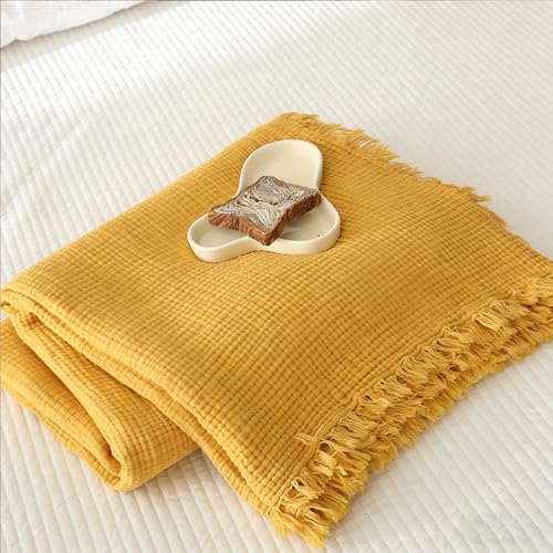 MorroMorn 100% Cotton Muslin Throw Blanket with Fringes 50"x60", 4-Layer Gauze Blankets for Adults, Boho Bedding Breathable Lightweight Ultra-Soft Farmhouse Decor for Couch Bed All Seasons, Yellow - color: Yellow, size: Throw 50"x60"