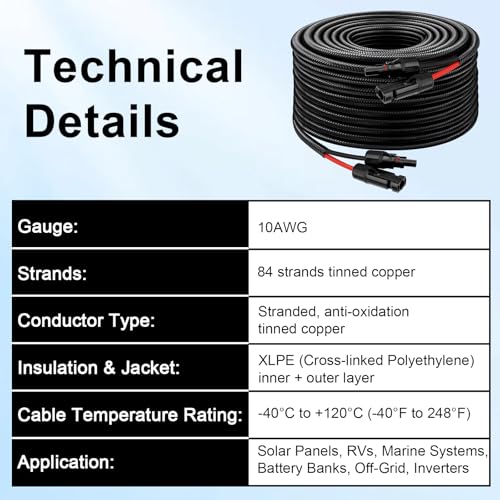 XRDS -RF Solar Panel Cable 100FT, 10AWG Solar Extension Cable with Male & Female Solar Connectors, Flame-Retardant Protective Sleeving Solar Cable, Weatherproof PV Wire for Solar Panel Connection - size: 10AWG 100FT
