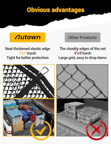 AUTOWN Cargo Net for Pickup Truck Bed - Stretchable 4'x4' to 7'x7', High Elastic Fine Mesh 1''x1'' with 8 Metal Carabiners - Ideal for ATV, SUV, UTV, Truck and Boat Use (Double Layer) - size: Double layer