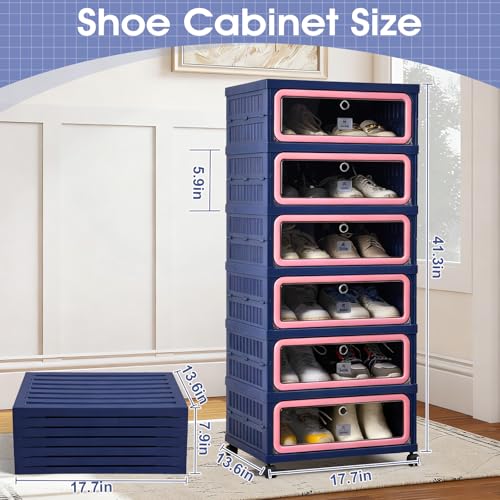 SAYMA Foldable Shoe Rack Organizer, Collapsible Shoe Cabinet with Magnetic Clear Door, Large Plastic Folding Shoe Cabinet, Easy Assembly Shoe Shelves Organizer for Entryway, 6 Tiers-12Pairs - size: 6 Tiers Blue & Pink