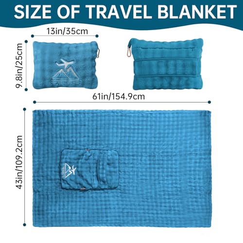 Travel Blanket and Pillow-2-in-1, Ultra-Soft&Compact, One-Piece Airplane Blanket with Hand Luggage Belt and Backpack Clip,Travelers Accessories Gifts, 61x43 Inches (Green) - color: Green