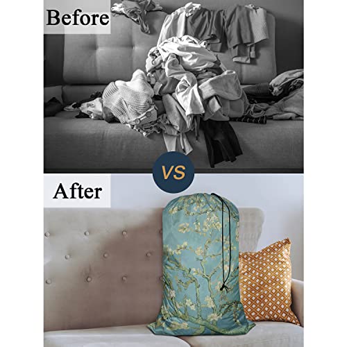 Swono Apricot Branches Laundry Bags with Locking Drawstring Closure for Travel, Home, Camping and Gym Almond Blossom Painting 28"x40", Oxford Cloth, White Flower - color: Apricot Branches