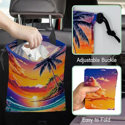 Beach Sunrise Car Garbage Bag,Palm Tree Waterproof Small Car Trash Bag Hanging Back of Seat,Drawstring Hanging Car Trash Bag with Adjustable Buckle for Car Accessories - color: Beach Sunrise