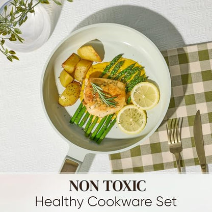 CAROTE Ceramic Cookware Set Nonstick, 14pcs Pots and Pans Set Nonstick, Non-Toxic & PFAS-Free, Dishwasher, RV/Camping Cookware Set, Cooking Pots with Lids, Sage Green - color: Green, size: 14 Piece