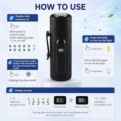 Portable Handheld Fan with Ice Cooling Plate, 3 in 1 Mini Personal Fan with Light & Clip, 5 Speed Rechargeable Fan with LED Display & Hidden Stand, Hands Free Camping Fan for Travel, Desk (Black) - color: F9A-B