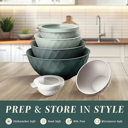 COOK WITH COLOR Mixing Bowls with Lids - 12 Piece Plastic Nesting Bowls Set includes 6 Prep Bowls and 6 Lids, Microwave Safe Mixing Bowl Set, Green Diamond - color: Green Diamond