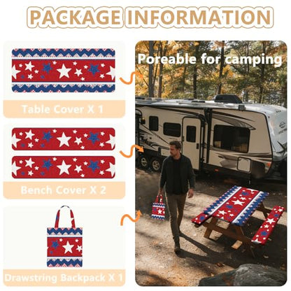 Picnic Table Cover with Bench Covers Elastic Edges, Outdoor Patio Camping Essentials 72 Inch 3PCS, Waterproof Camping Fitted Tablecloth with Handbags (Red White Blue Star Stripe) - color: American Elements, size: 72" x 30" (Rectangular)
