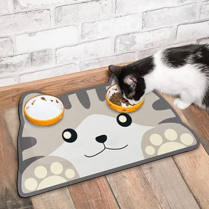 Grey Cat Food & Water Mats - Absorbent Pet Feeding Placemats 17.7 * 9.8 inch - color: Cat Head, size: Small