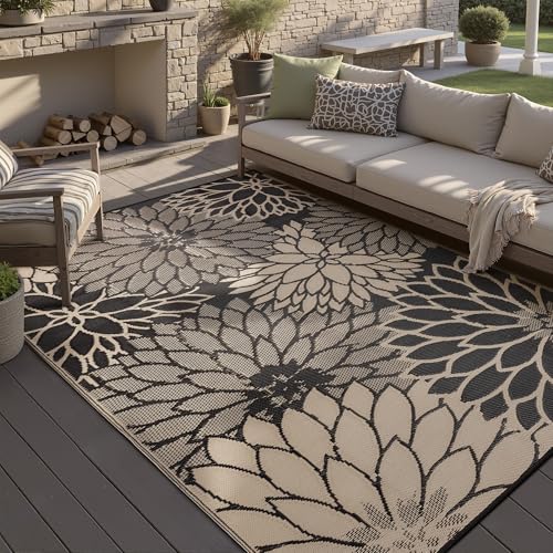 HUGEAR 6'x9' Outdoor Rug Waterproof Plastic Straw Rugs Brown Reversible Floral Mat Floor Carpet for Camping RV Deck Entryance Porch Picnic Balcony Beach Backyard - color: Floral/Brown, size: 6' x 9' (Rectangular)