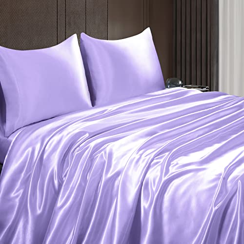 Homiest 3pcs Satin Sheets Set Luxury Silky Satin Bedding Set with Deep Pocket, 1 Fitted Sheet + 1 Flat Sheet + 1 Pillowcase (Twin Size, Lavender) - color: Lavender, size: Deep pocket - Twin size