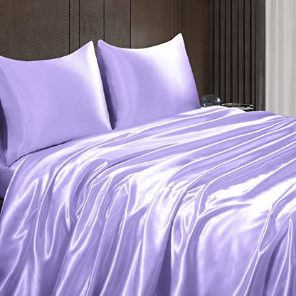 Homiest 3pcs Satin Sheets Set Luxury Silky Satin Bedding Set with Deep Pocket, 1 Fitted Sheet + 1 Flat Sheet + 1 Pillowcase (Twin Size, Lavender) - color: Lavender, size: Deep pocket - Twin size