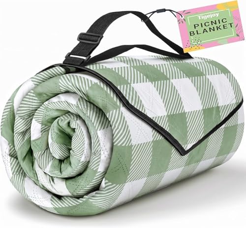 TigeJoy Extra Large Picnic Blanket Waterproof Foldable 80''x118'', Outdoor Picnic Mat Beach Blanket Sandproof for Park, Grass, Travel, Hiking, Camping Essentials, Gingham Picnic Blanket - color: Green, size: 6'8" x 9'10" (Rectangular)