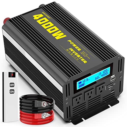 4000 Watt Modified Sine Wave Power Inverter, 12V DC to AC 110V/120V (Peak) 5000W Converter 3 Outlet Car Inverter with Remote Control and LED Display 3.4V USB Port - size: SY-12V-4000