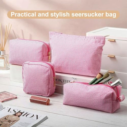 Sanwuta 4 Pcs Seersucker Pouch Cosmetic Bag Set Seersucker Makeup Bag Women Stripe Large Travel Toiletry Organizer Aesthetic Preppy Storage for Embroidery Women Bridesmaid Gifts(Pink) - color: Pink