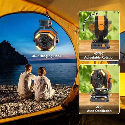 Portable Rechargeable Clip on Fan for Camping,20000mAh Battery Operated Powered Powered Fan with LED Light and Hanging Hook for Tents,Cordless Desk Fan with Remote