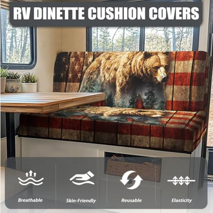 Bear American Flag Print RV Dinette Cushion Covers Wear-Resistan Camper Seat Covers Dinette Booth with Pillowcase, RV Couch Protector Include 1 Backrest Cover and 1 Bench Cover - color: Bear American Flag